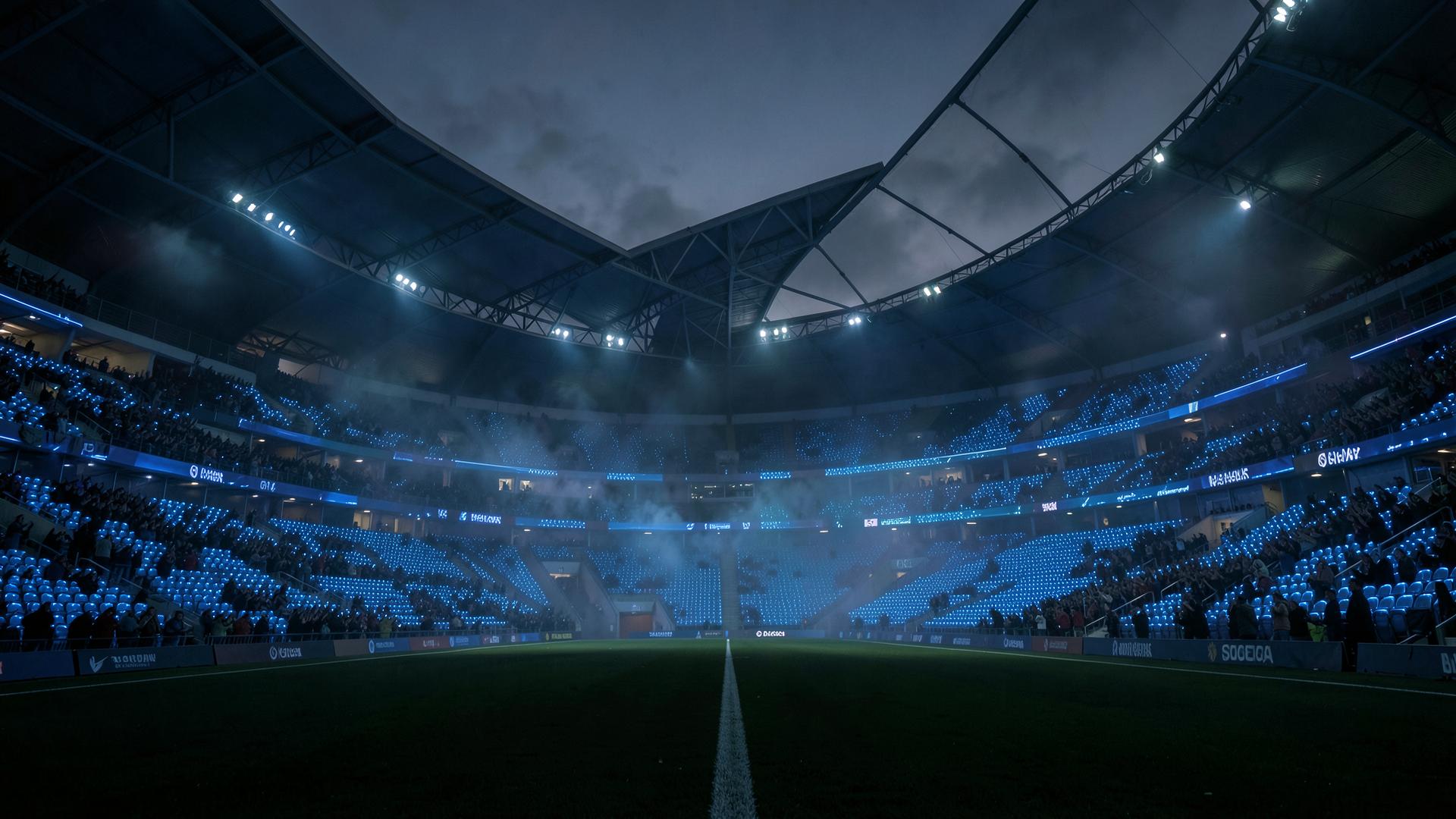 Stadium at dusk filled with thousands of illuminated seats